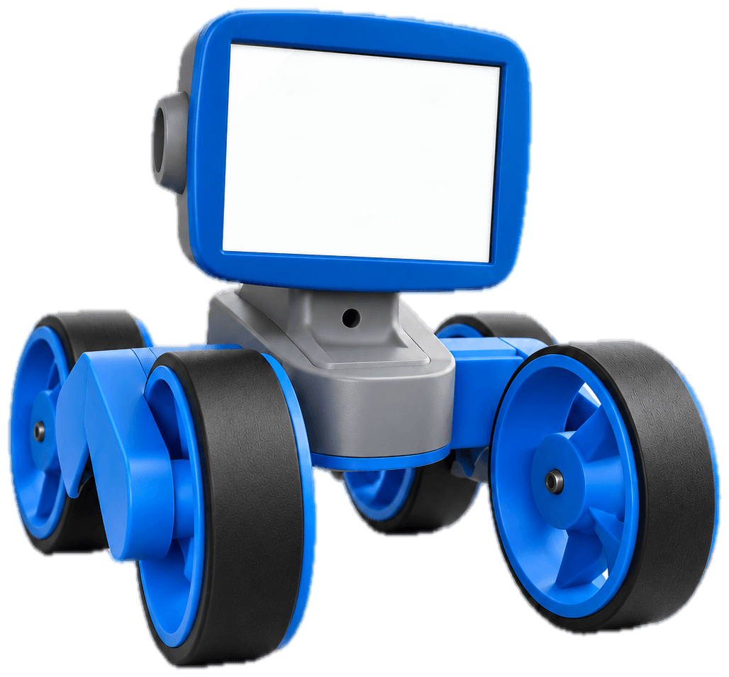 Pracii, a small blue robot with a screen for a face and four wheels