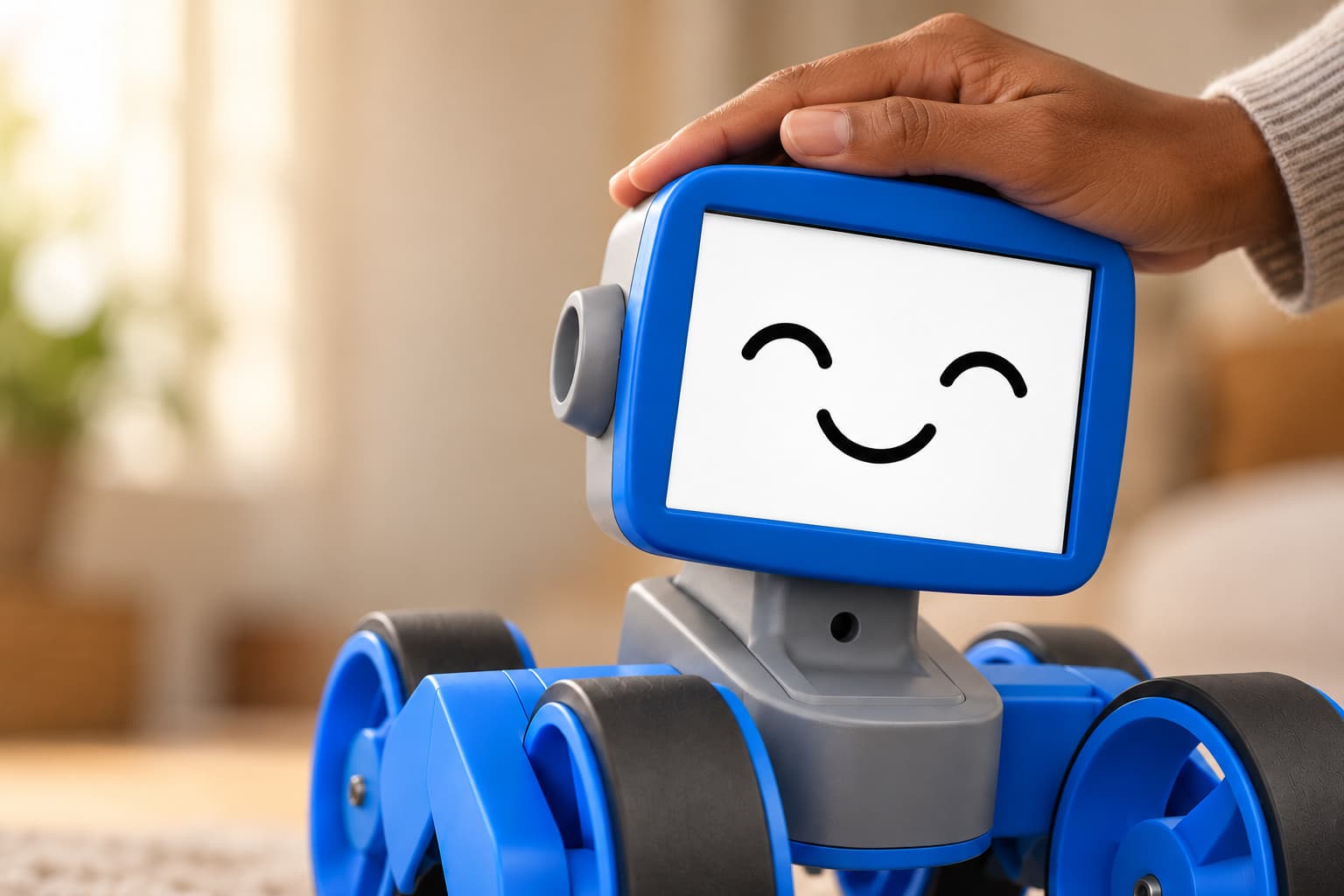 A hand resting on Pracii's head while its screen smiles with happy closed eyes